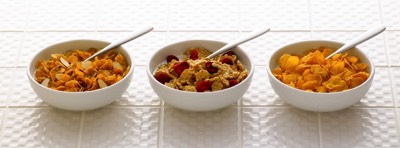  Three bowls of breakfast cereal 